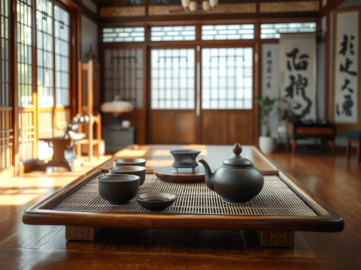 茶室茶席搭配案例场景，展示建盏主人杯、紫砂壶与竹制茶席