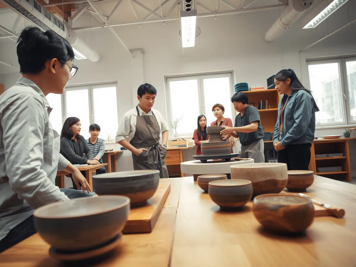 开河窑工艺师在学校传统文化周现场演示拉坯，学生围坐观看
