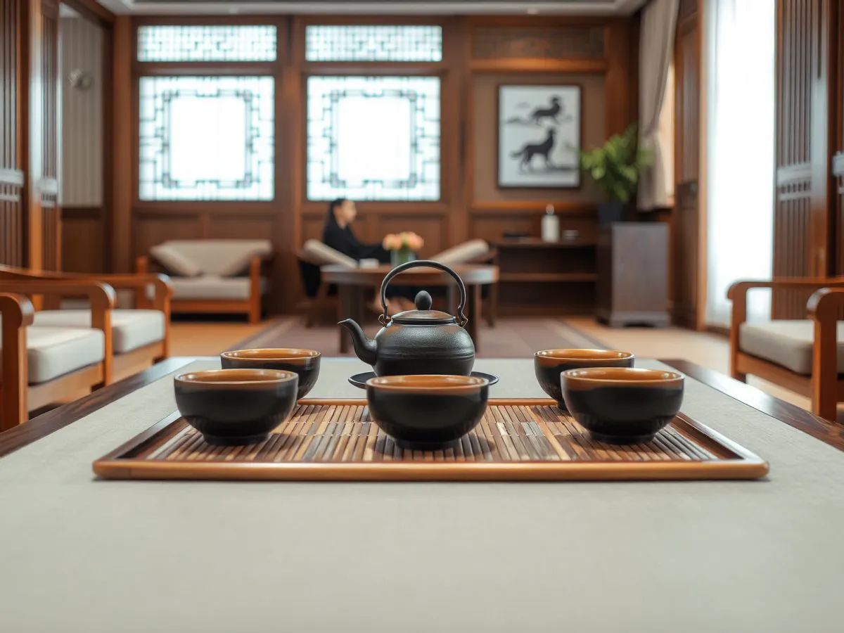 高端酒店茶室中摆放的建盏茶具套装
