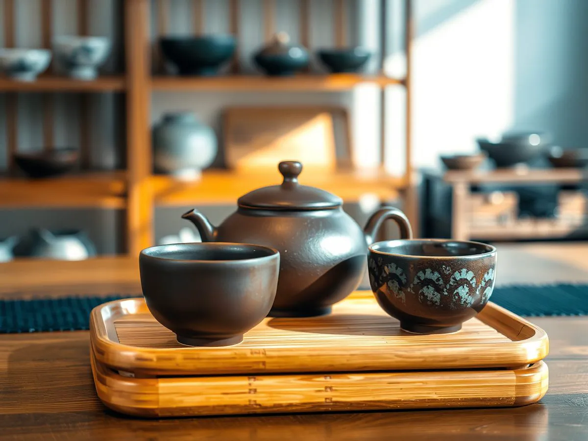开河窑二人茶具套装,手工紫砂陶壶与建盏茶杯置于竹制茶盘上