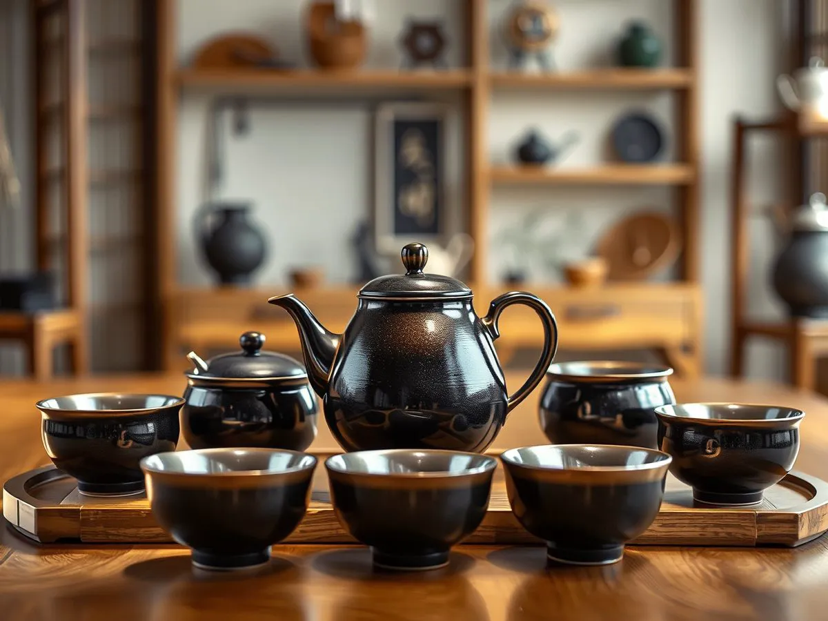 四杯茶具套装陈列在木质茶盘上，背景为中式茶室