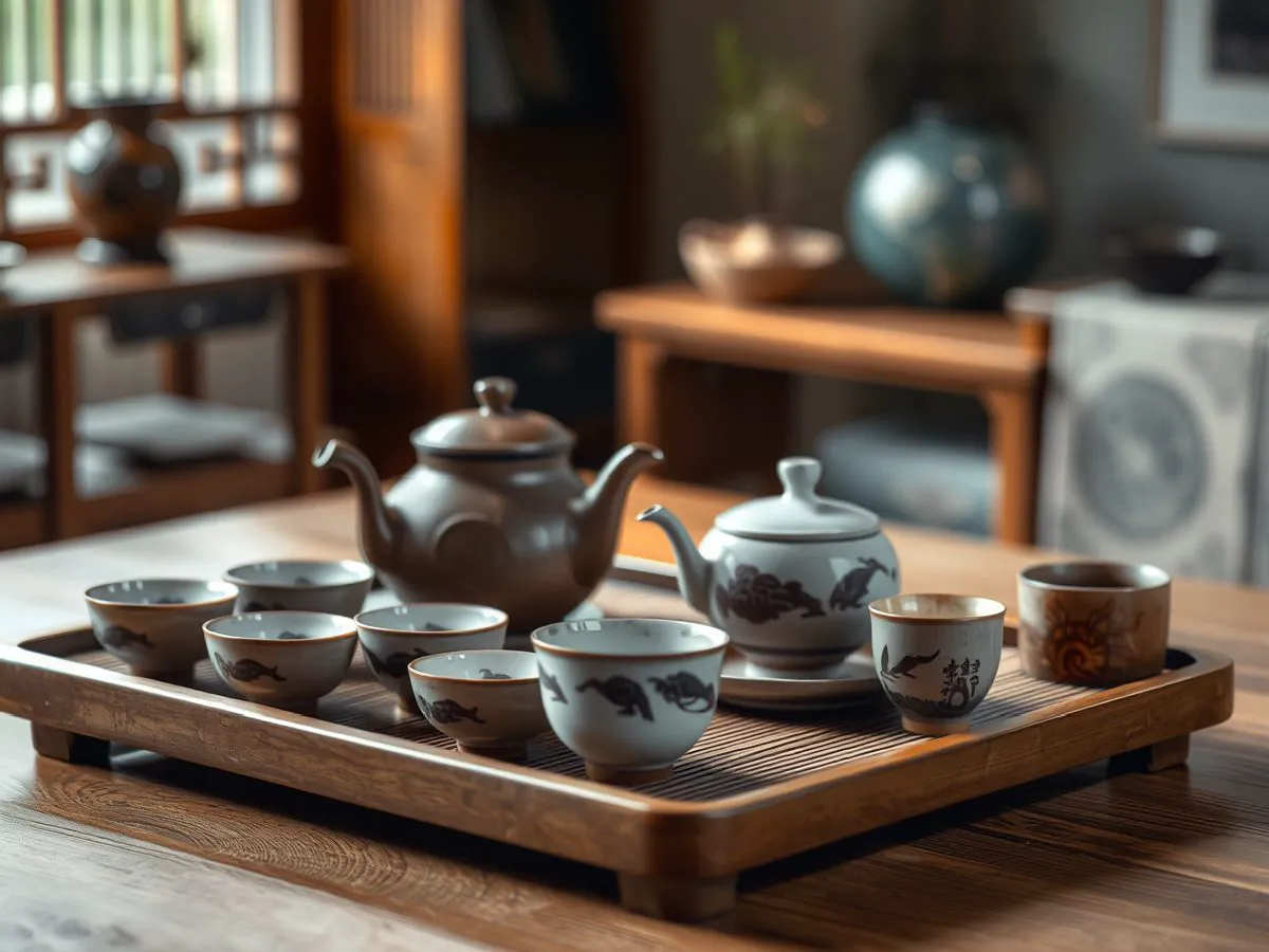 茶席搭配服务场景，展示建盏茶器与陶瓷茶具