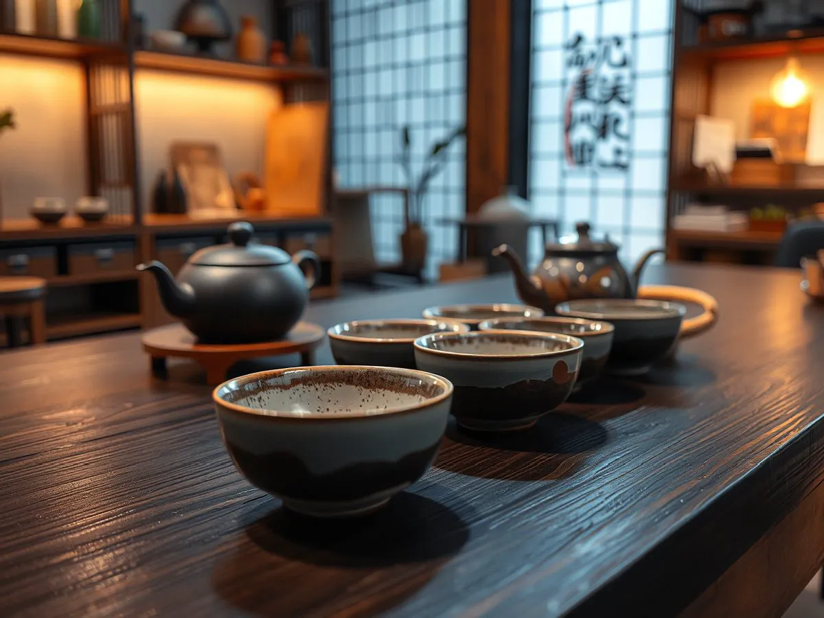 建盏茶器搭配场景，展示主人杯与茶具组合