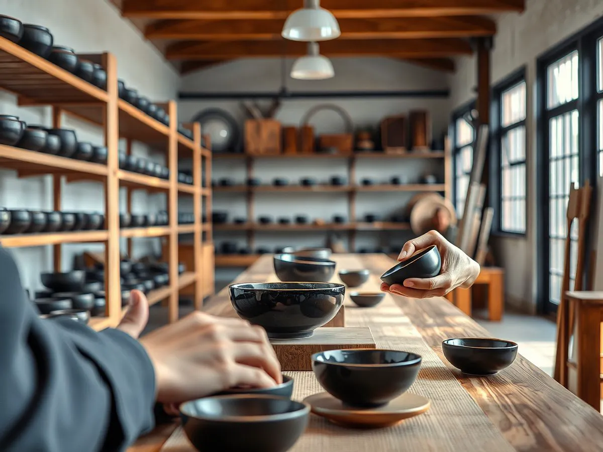 开河窑建盏作品展示与手工制作场景