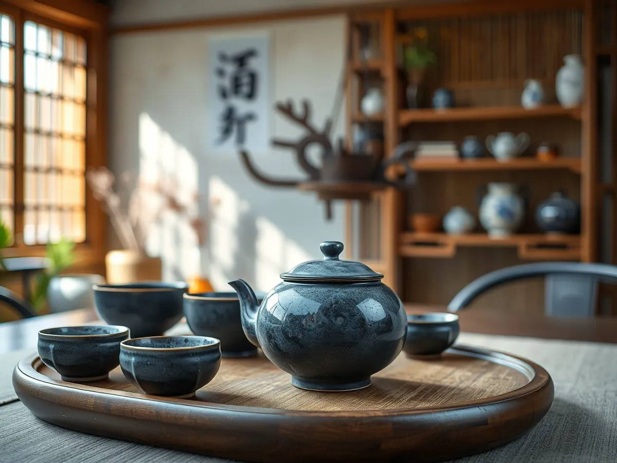茶席整套搭配展示，建盏茶器与陶瓷茶具组合