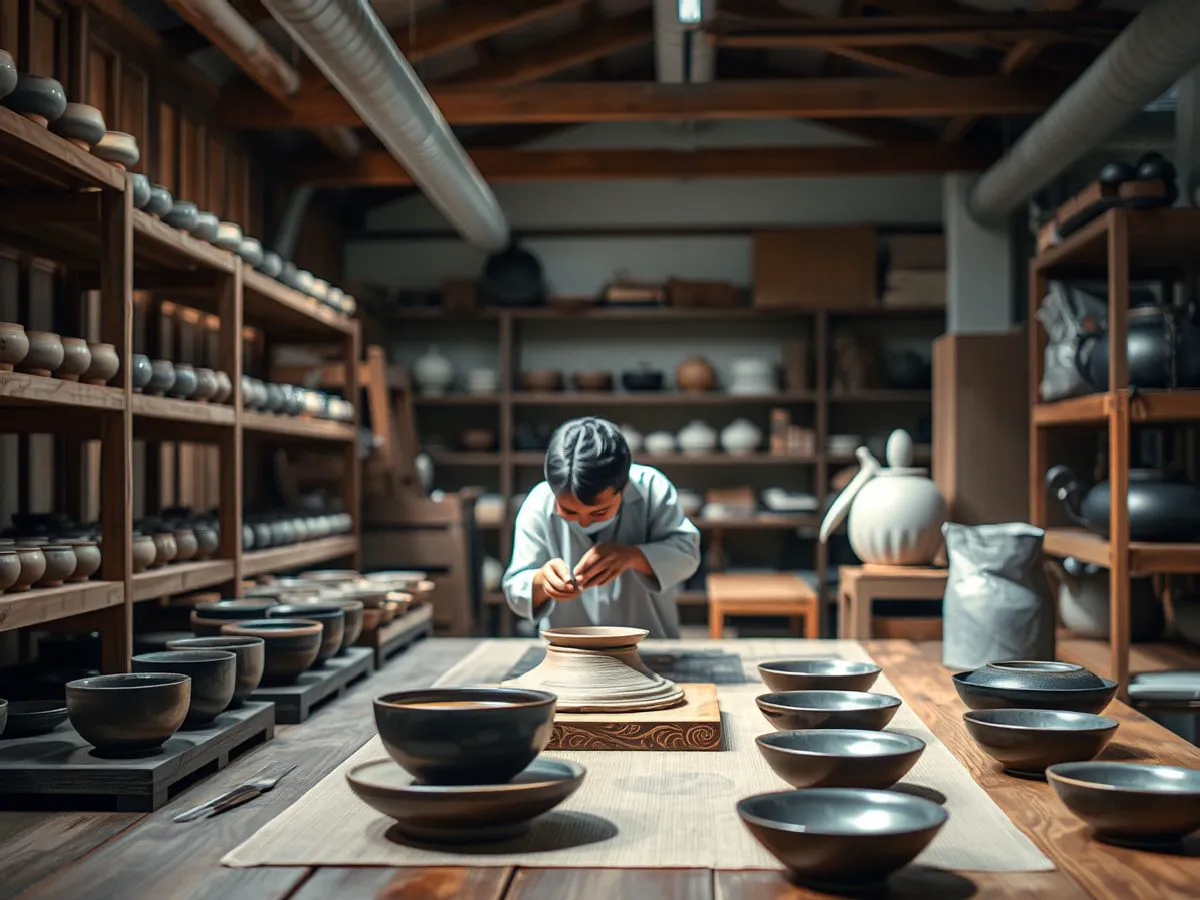 开河窑建盏礼品定制工作场景，展示茶碗与工艺